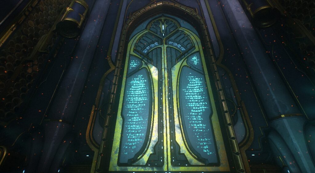 A Captura image of the large outer door of the Necralisk. It is a tall door with twin panels that slide into the wall when opened. The door panels are covered in blue Entrati runes and outlined in gold. Captura by GrayArchon.