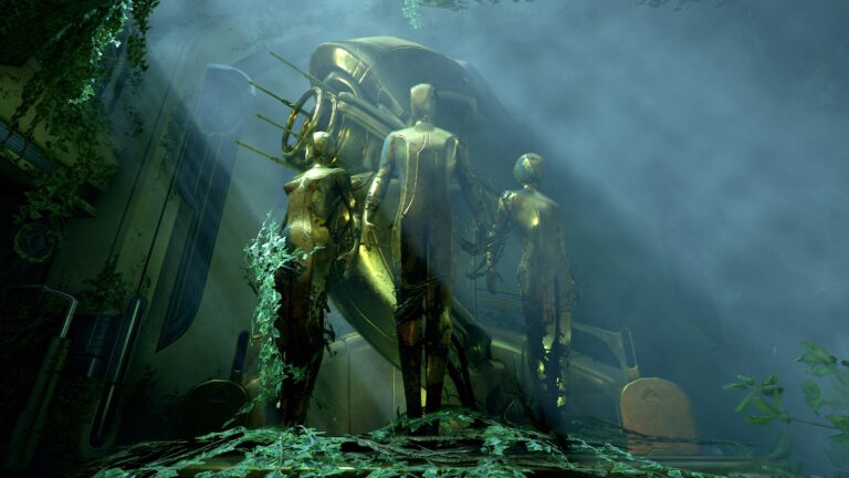 An image of one of the many art-deco sculptures found within the Zariman ship. This sculpture depicts a man, woman, and child standing proudly, facing outward, with a large replica of the Zariman itself looming behind them. All four are cast in gleaming gold, slightly dulled with age. Greenery from nearby planters, long neglected, has started to grow on the statues. Image originally posted as part of the Zariman ARG.