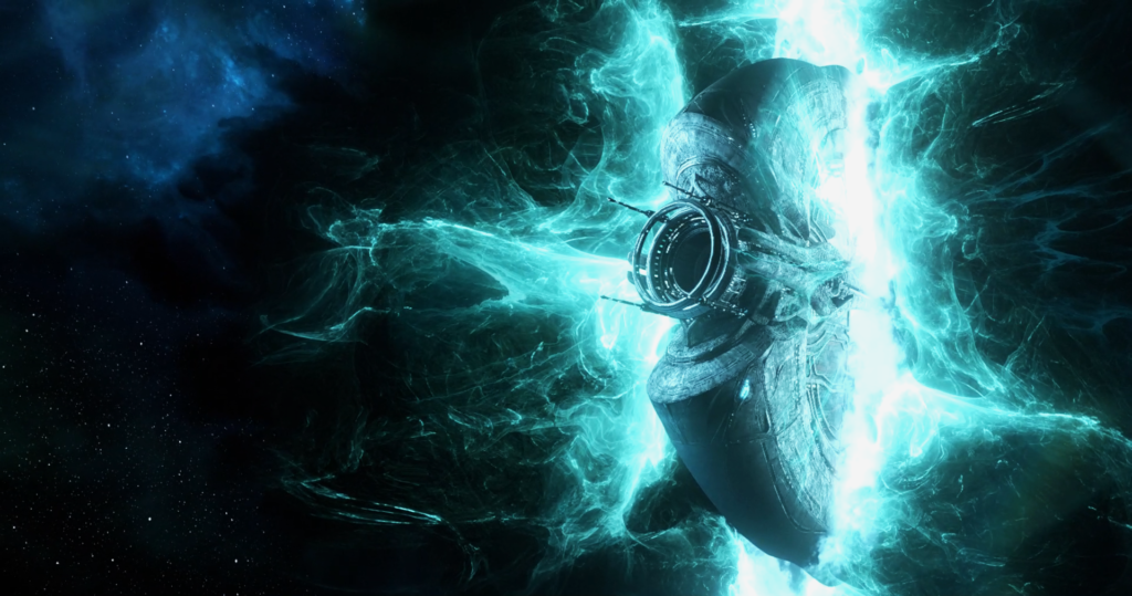 A screenshot of the opening cutscene from the Angels of the Zariman quest, showing the Zariman 10-0 colony ship emerging from a Void rift in the outer fringes of the Origin System. Arcane, cyan energy streams forth from nothing into a star-studded backdrop, framing the massive crescent-shaped ship as it appears in reality. Screenshot by GrayArchon.