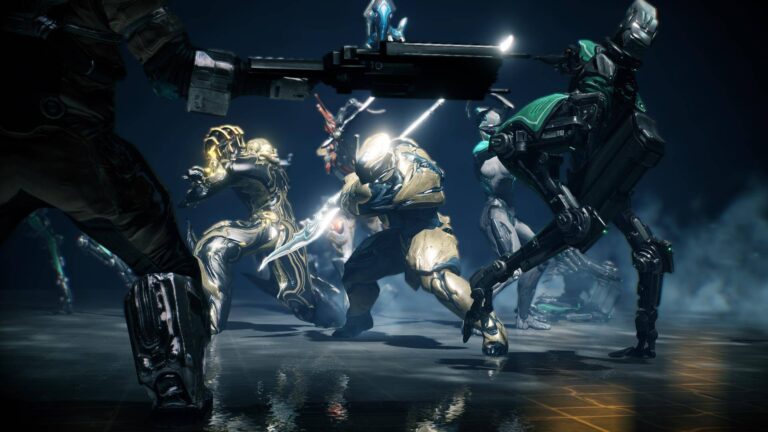 A promo image for Warframe, showing a Rhino, Nyx, Ember, and Frost Prime, standing back-to-back, defending themselves against an onslaught of Corpus Crewmen and Moas.
