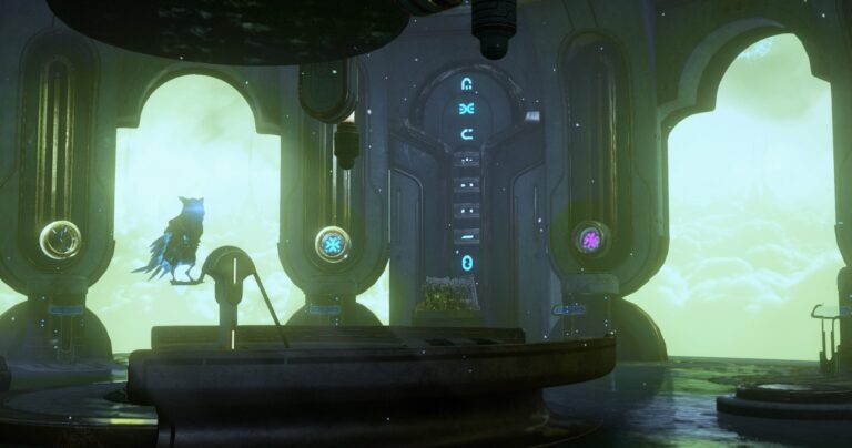 A screenshot of the Archarbor Enigma puzzle. Eight gylphs are displayed on the wall, with four of them covered by metal bars. Three glyph plates are visible. A Paragrimm perches in the centre of the room, facing the viewer. Screenshot by GrayArchon.