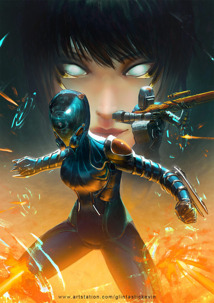 The cover art for Warframe: GHOULS Part One, by Kevin Glint. The art depicts Little Duck shooting at unseen Grineer attackers while Mag shields them with her powers, with Mitsuki's face pictured in the background, her white eyes and golden somatics prominently featured.