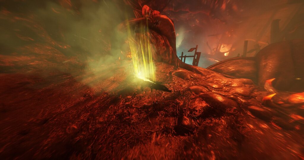 A screenshot of a fissure in the caves below Deimos' surface. A long crack is seen in the floor of the Infested substrate. Yellow mist streams upward from the crack and billows out in clouds. Screenshot by GrayArchon.