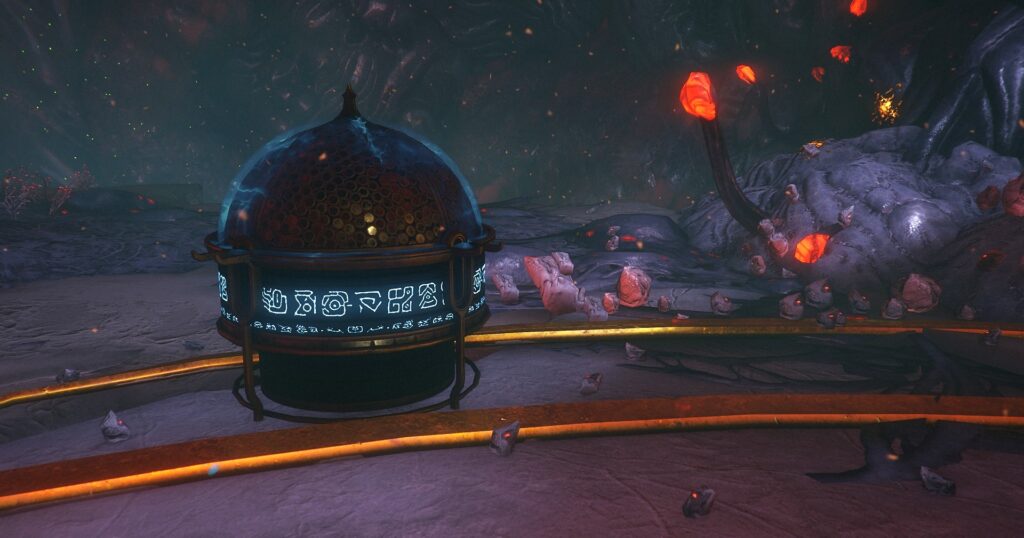 A screenshot of an Entrati resource cache within the underground tunnels of Deimos. The cache is a round unit with Requiem glyphs glowing around the circumference. A dome of gold scales covers the top, and glows faintly with blue energy. Screenshot by GrayArchon.